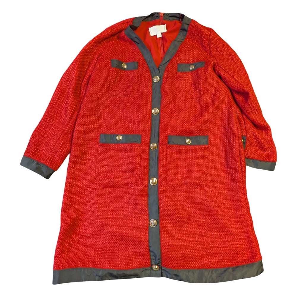 Pomander Place Red Tweed Contrast Trim Mini Dress Medium Gold Button Long Sleeve